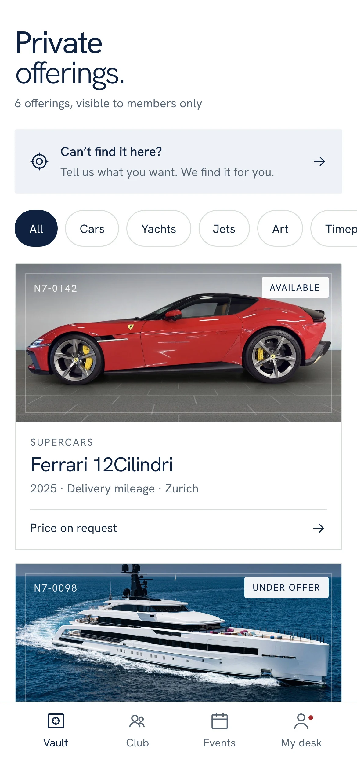 The Noire7 Vault app with private offerings for members
